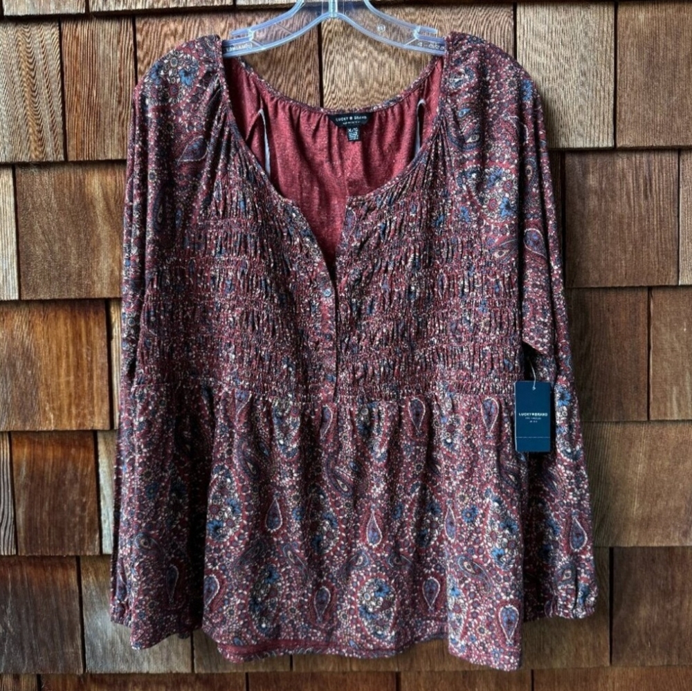 NWT Lucky Brand Paisley Stretch Bodice Long-Sleeve Flowy Peplum Top Women’s XL